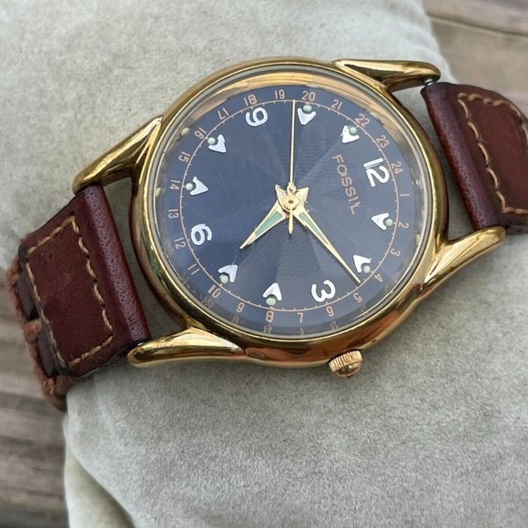 Fossil Men Watch Gold Tone Case Pyramid Crystal Brown Braided Leather Band Analo - Picture 10 of 13